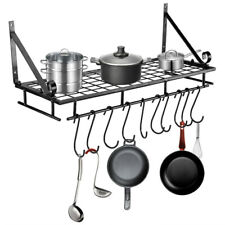Metal Pan Pot Rack Wall Mounted Kitchen Storage Shelf & Hooks Hanging Organizer