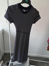 Tenki Size 10 Navy & White Stripped Dress With A Slanted Hem.