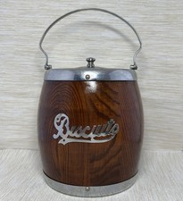 Vintage Oak Wood Biscuit Barrel With Porcelain Cream Liner Metal Lid & Handle