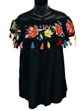 TOPSHOP BLACK DRESS SIZE UK 8 LINEN WOMENS BARDOT FLORAL TASSELS EMBROIDERED 