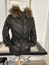 Puffa Women's Jacket Size 10 Fur Hood Black Belted Pockets