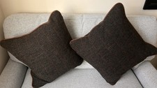 A Pair of Pure Wool Brown Harris Tweed Cushions, Leather Trim & Feather Inserts
