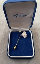 Aynsley Vintage Ceramic Pink Rose Flower Stick Pin Brooch and Box