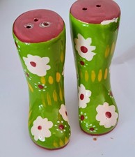 Ceramic Salt & Pepper Shakers Novelty Green Wellies Floral Boots Retro 3"