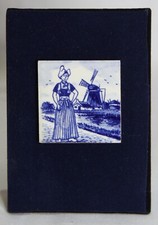 Small, Pretty  Delft Tile on Blue Baize Stand Depicting Dutch Lady & Windmill
