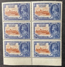 Falkland Islands 1935 block of 6  2 1/2d Silver Jubilee stamps mint mnh