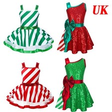 Girls Christmas Candy Cane Costume Kids Figure Ice Skating Dance Leotard Dress