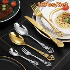 16Pcs Vintage Cutlery Sets Stainless Steel Embossed Design Kitchen Dinnerware