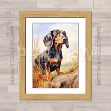 Dachshund print. by L Martyn. A4 Textured canvas paper. Art. Framed or Unframed.