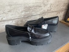 Zara Loafer Shoes Women UK 4 Black Patent Leather Round Toe Slip-On Chunky Sole