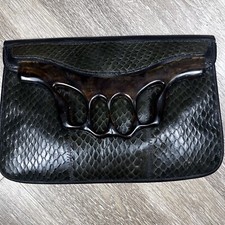 Vtg Knuckle Duster Clutch Leather Lucite Gator Handbag Green  Rockabilly Retro
