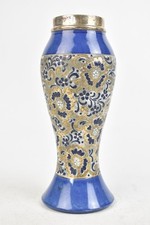 Royal Doulton Lambeth Stoneware Blue Decorative Patterned Silver Rim Vase 10"