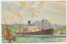 OLD PC  THE BLUE FUNNEL LINE, POSTED AT SEA.1959 ARTIST SIGNED, WALTER THOMAS