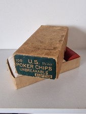 VINTAGE 100 1&1/2" INCH US POKER CHIPS UNBREAKABLE RED WHITE BLUE ORIGINAL BOX