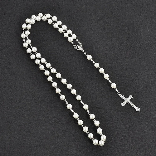 White rosary beads with - beads, silver