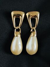 Vintage 1980s Gold Plated Large Faux Pearl Dangle Earrings Teardrop Charm BN