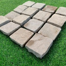 Raj Green Tumbled Sandstone 100x100 Block Paving Cobbles Natural Setts
