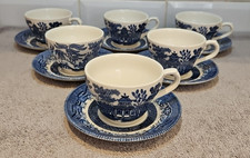 6 x Vintage Churchill Willow Blue Tea Cups and Saucers B