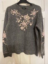 Topshop Grey Embroidered & Embellished Floral Jumper Size 6 Excellent Condition