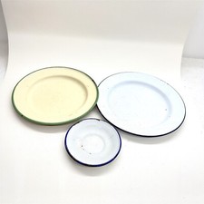 VINTAGE ENAMEL PLATES SET OF 3 BLUE WHITE GREEN FARMHOUSE CAMPING STYLE