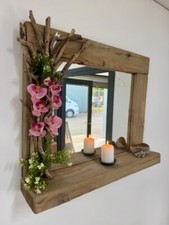Handmade Driftwood Mirror with Shelf – Decorated Branch Frame with Foliage