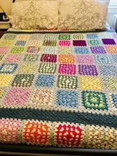 Large Granny Square Afghan Blanket Throw Multicolor W/ Green Border  240 x 170cm