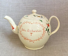 Antique c1765 Creamware Vibrantly Painted Rose Teapot Inscribed John Richardson