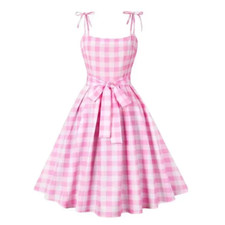 Women L Summer Dress Buffalo Plaid Check Print Pink White Pinup Rockabilly USA
