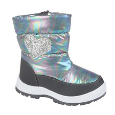 KIDS GIRLS WARM LINED PEWTER SNOW BOOT FASHION GLITTER HEART & INSIDE ZIP