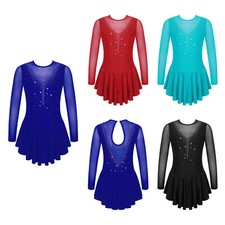 Kids Girls Figure Ice Skating Dress Long Sleeve Rhinestone Decor Leotard Dresses