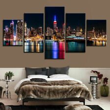 New York City Skyline Night 5 Panel Canvas Print Wall Art Poster Home Decoration