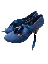 Clarks Sz6.5UK Softwear Blue Suede Ribbon Tie Cassie Shore 7cm Heel Shoes Court
