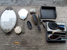 Vintage Dressing Table Vanity Items Petit Point Tray, Mirror, Pots + Ebony Items