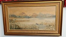 Beautiful Vintage Oil On Canvas Duck Pond Scene By Artist R.High