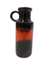 Vintage West German Fat Lava Vase Red Black Ceramic Pottery Handle Colectable 