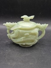 Antique Chinese Qing Dynasty Carved Green Jade Dragon & Phoenix Teapot 5ins 253g
