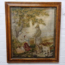 Antique 19thC Woolwork Tapestry Picture Family On A Country Lane
