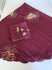 Beautiful Deep Red Round Embroidered Christmas Table Cloth With 6 Napkins