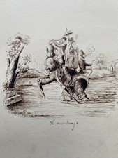 Fine Victorian Pen & Sepia Ink Drawing Caricature’ The New Ferry’ Unsigned
