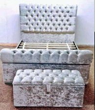 NEW CRUSHED VELVET CHESTERFIELD SLEIGH BED FRAME 3FT, 4FT, 4FT6 & 5FT KING SIZE