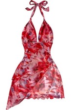 Women’s Halter Neck Pink Floral Asymmetrical Dress Size M-Sleeveless Summer