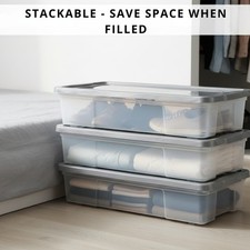 47L Plastic Storage Boxes Clear Under Bed Container Home Office Stackable Box UK