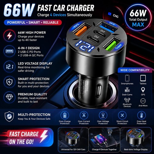 Fast car charger 66w quad - pd,