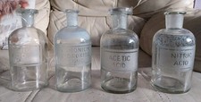 4x Antique Pharmacy Bottles Etched Labels ACETIC & NITRIC ACID, AMMONIUM (Prop)