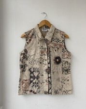 Vintage Chico’s Off White Funky Floral Pattern Denim Waistcoat Size S