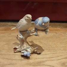 Vintage Porcelain Bird Pair Figurine Birds on Branch Blue Tan 5" x 5"