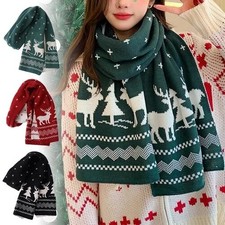 Red Green Christmas Elk Knitting Scarf Ladies Women Soft Wool Shawl Wrap Gifts