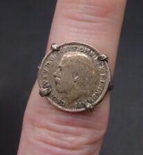 Antique English Silver Coin Ring w/ 1916 Three (3p) Pence Coin. UK Size M 1/2