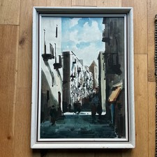 Vintage Retro MidCentury Modern Watercolour Painting Street Scene Signed Diaz