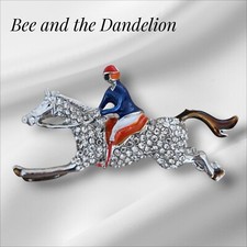 Horse and Jockey Rhinestone Crystal Silver Tone Brooch